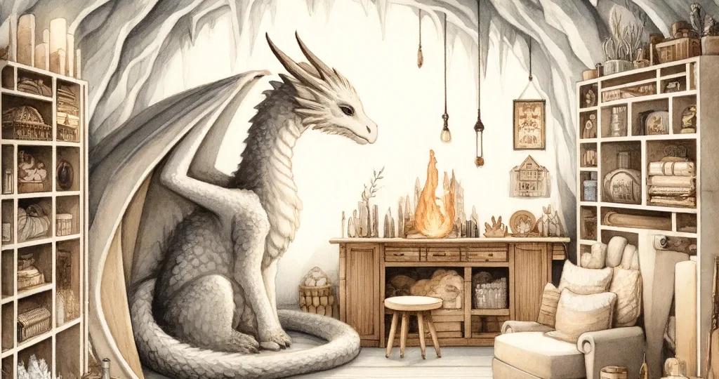 A-watercolor-fantasy-art-scene-featuring-a-large-dragon-named-Pyrochar-in-his-minimalist-Scandinavian-style-cave-home.-The-cave-is-neatly-organized-w