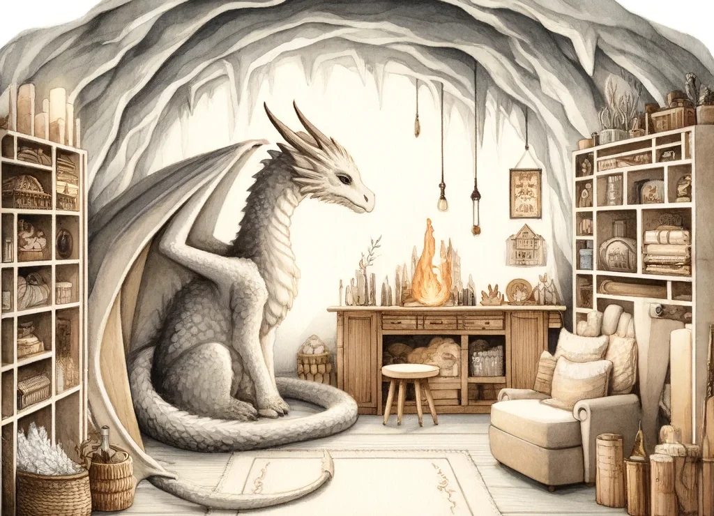 A-watercolor-fantasy-art-scene-featuring-a-large-dragon-named-Pyrochar-in-his-minimalist-Scandinavian-style-cave-home.-The-cave-is-neatly-organized-w