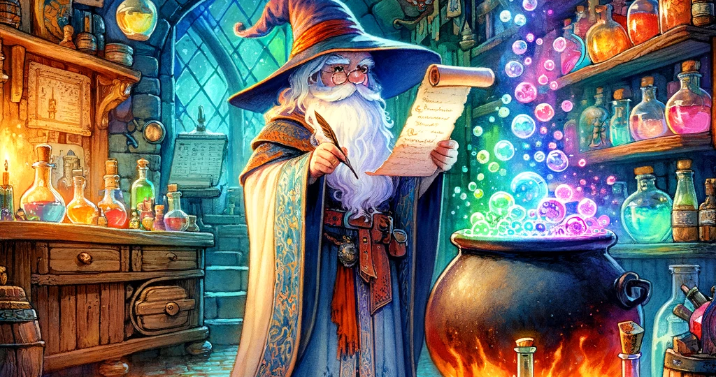 A-whimsical-wizard-in-a-flowing-robe-and-pointed-hat-is-standing-next-to-a-bubbling-cauldron-with-colorful-potions-brewing-The-wizard-is-holding-a-sc